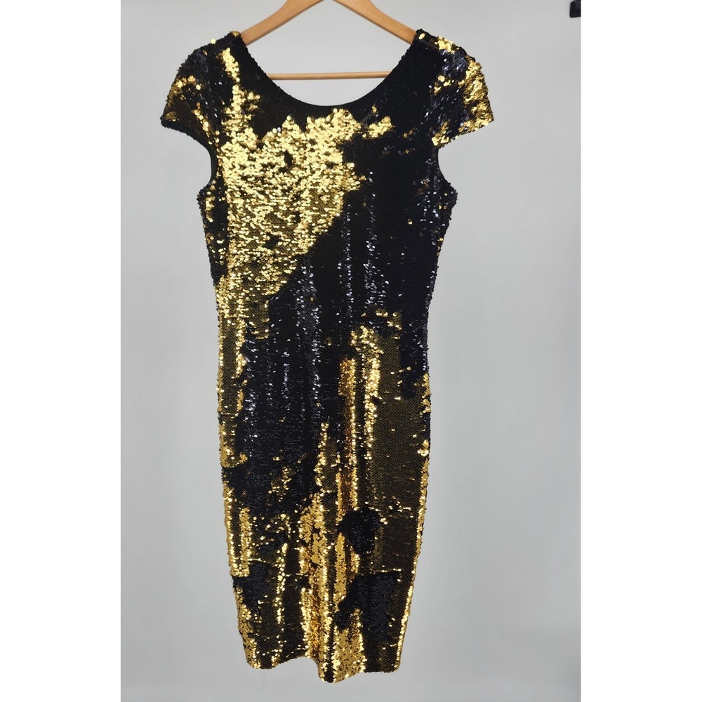 Renn Womens Black Gold Sequin Bodycon Cocktail Cap Sleeve Size M Party Saints